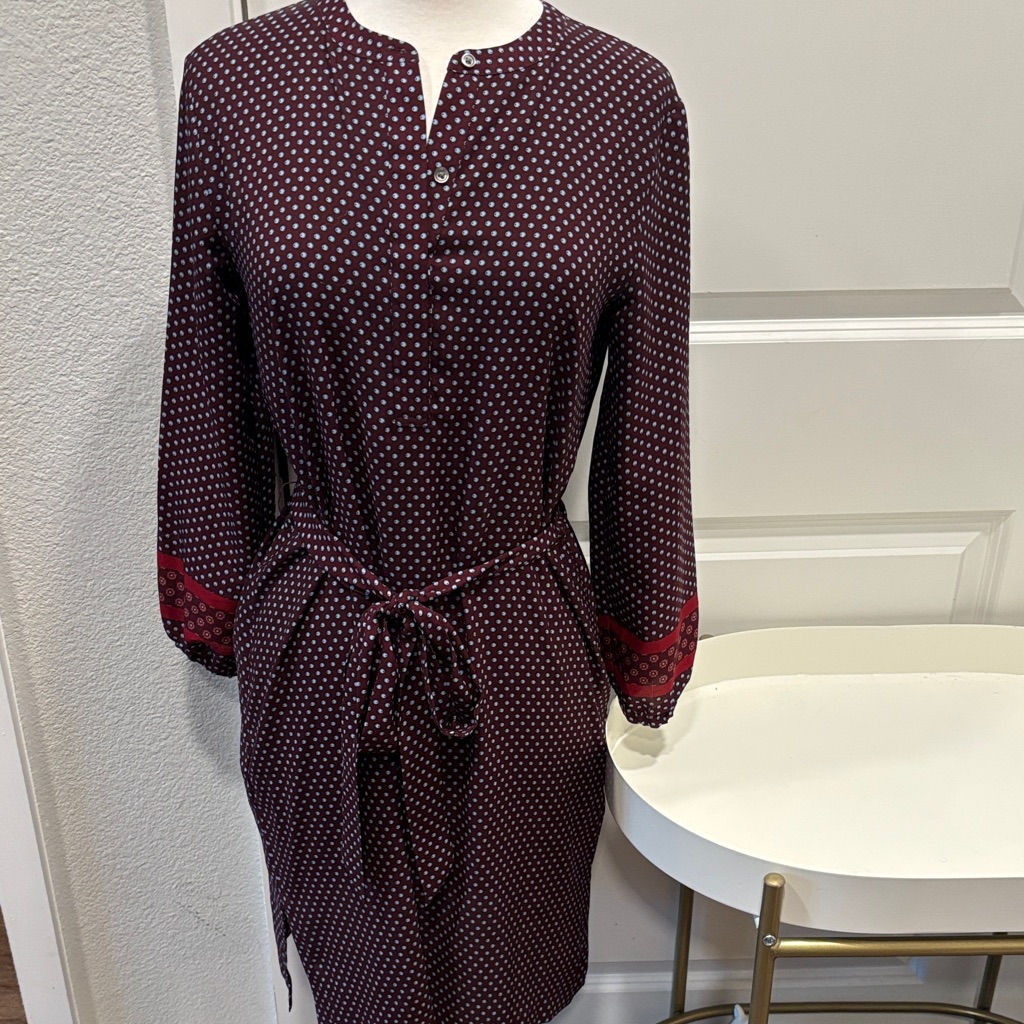 Euc Loft Burgundy Long Sleeve Dress With Polka Dots